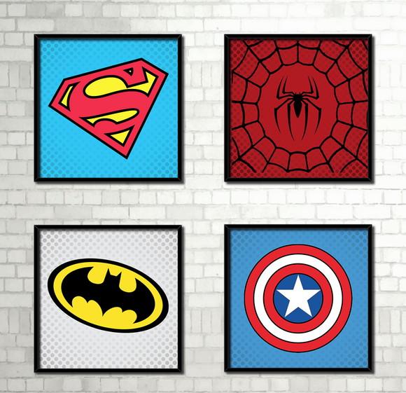 Kit 4 Quadros / Super Heróis / Símbolos
