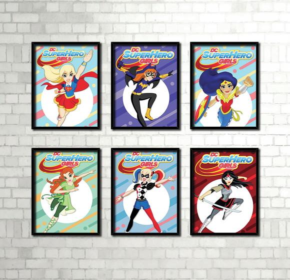 Kit 6 Quadros / Super Hero Girls / 20x30cm / Com Vidro