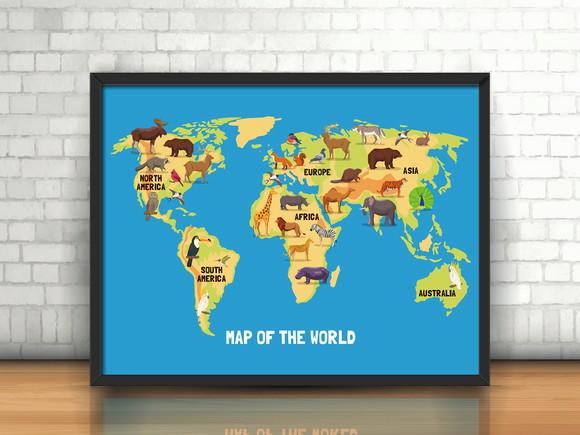 Quadro Mapa Mundi Animals