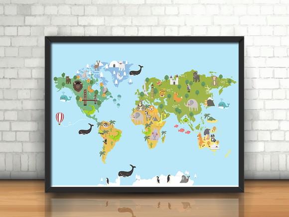 Quadro Mapa Mundi Animals
