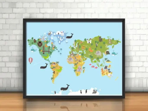 Quadro Mapa Mundi Animals