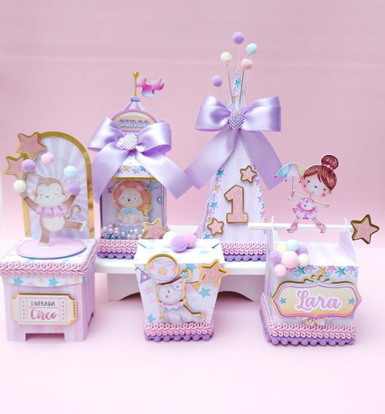 Kit Personalizados Circo Rosa e Lilás Luxo 50 Peças