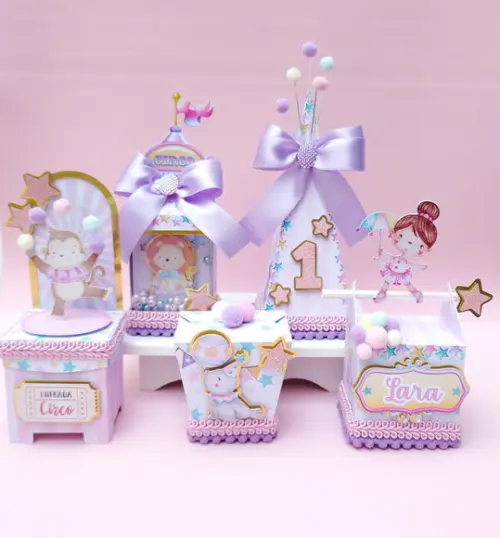 Kit Personalizados Circo Rosa e Lilás Luxo 50 Peças