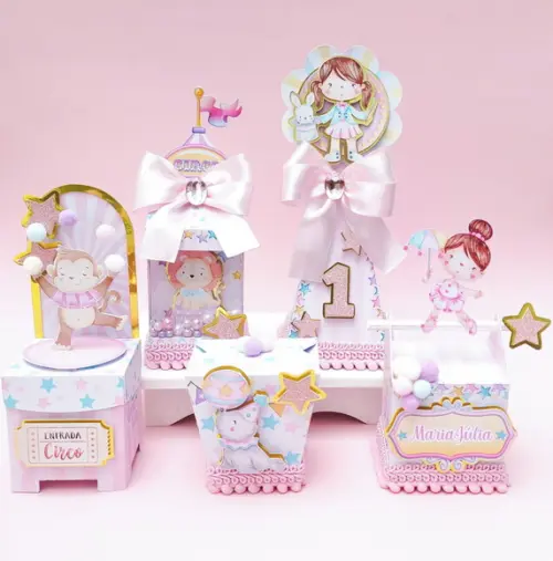 Kit Personalizados Circo Rosa Luxo 60 Peças