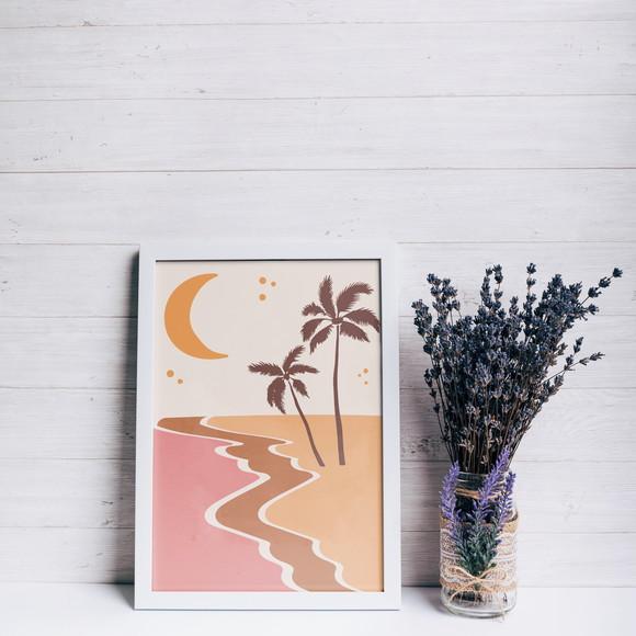 Quadro Praia Boho Minimalista A4 com moldura