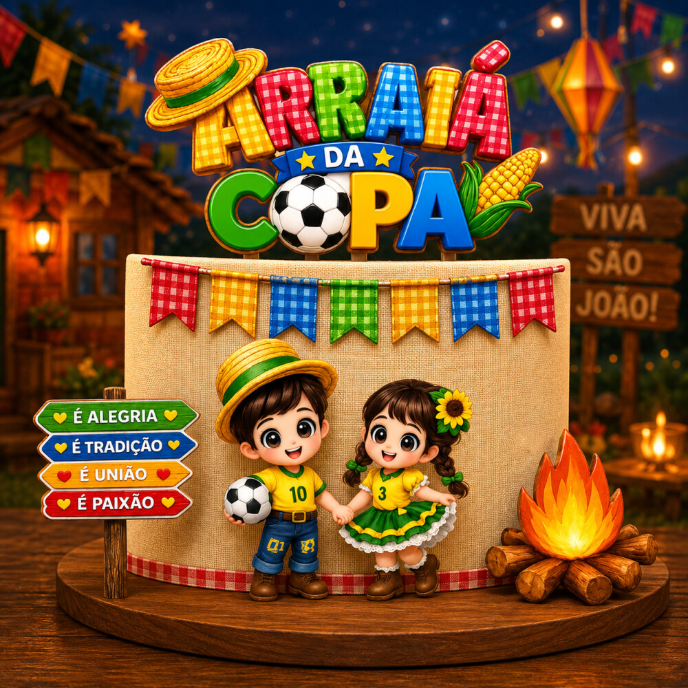Topo de bolo Festa Junina/Copa - Arraiá 20 - Arquivo Studio