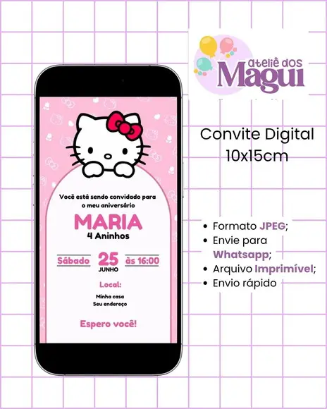 Convite Digital 10x15cm | Hello Kitty