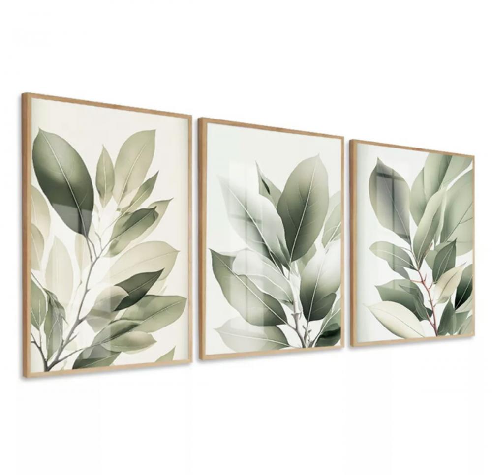 kit 3 quadro decorativo folhas verdes galhos verdes sala quarto d