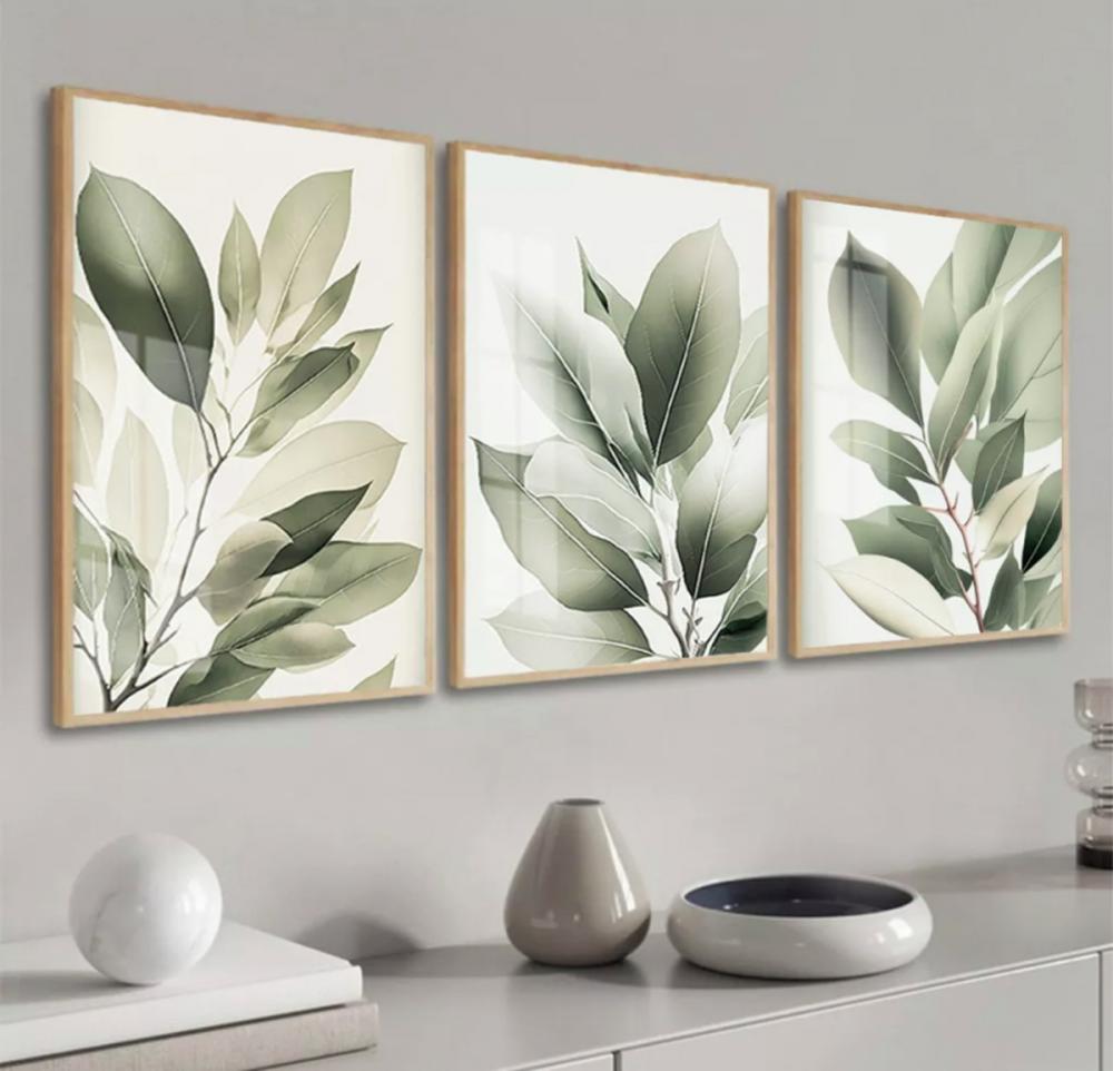 kit 3 quadro decorativo folhas verdes galhos verdes sala quarto d