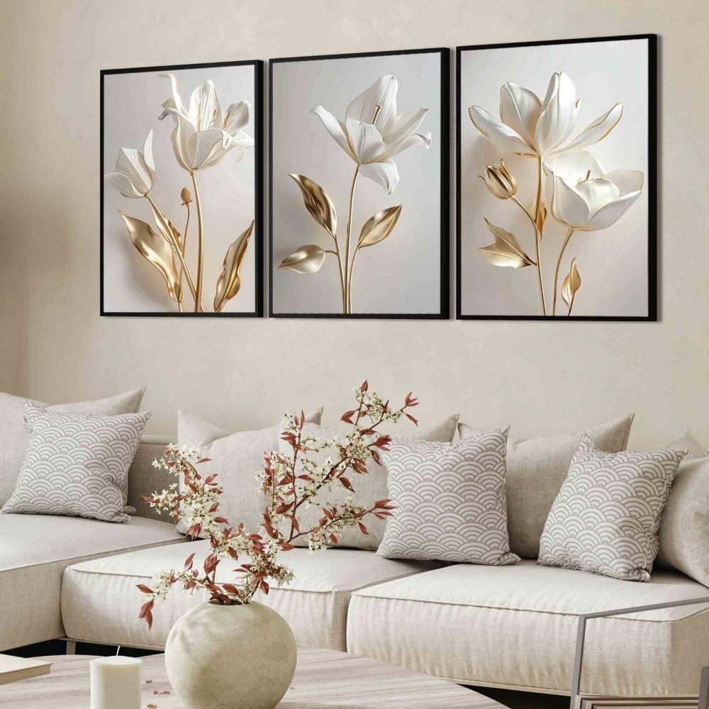 kit 3 quadro decorativo flores brancas douradas sala quarto decor