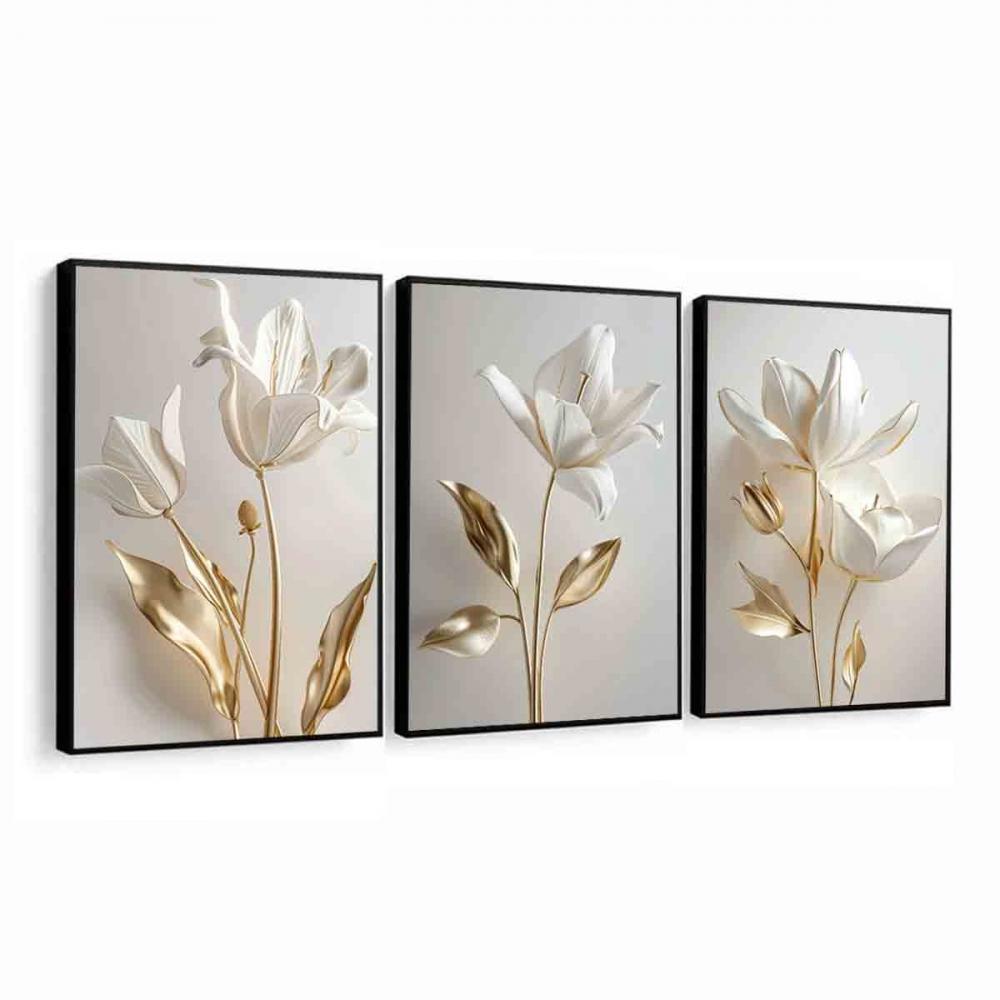 kit 3 quadro decorativo flores brancas douradas sala quarto decor