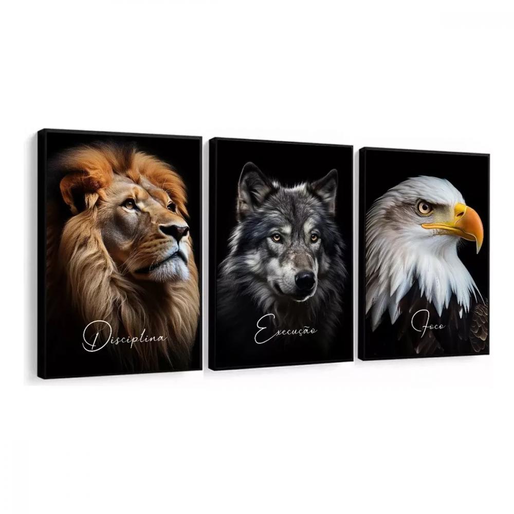 kit 3 quadro decorativo motivacional animais águia leão lobo sa