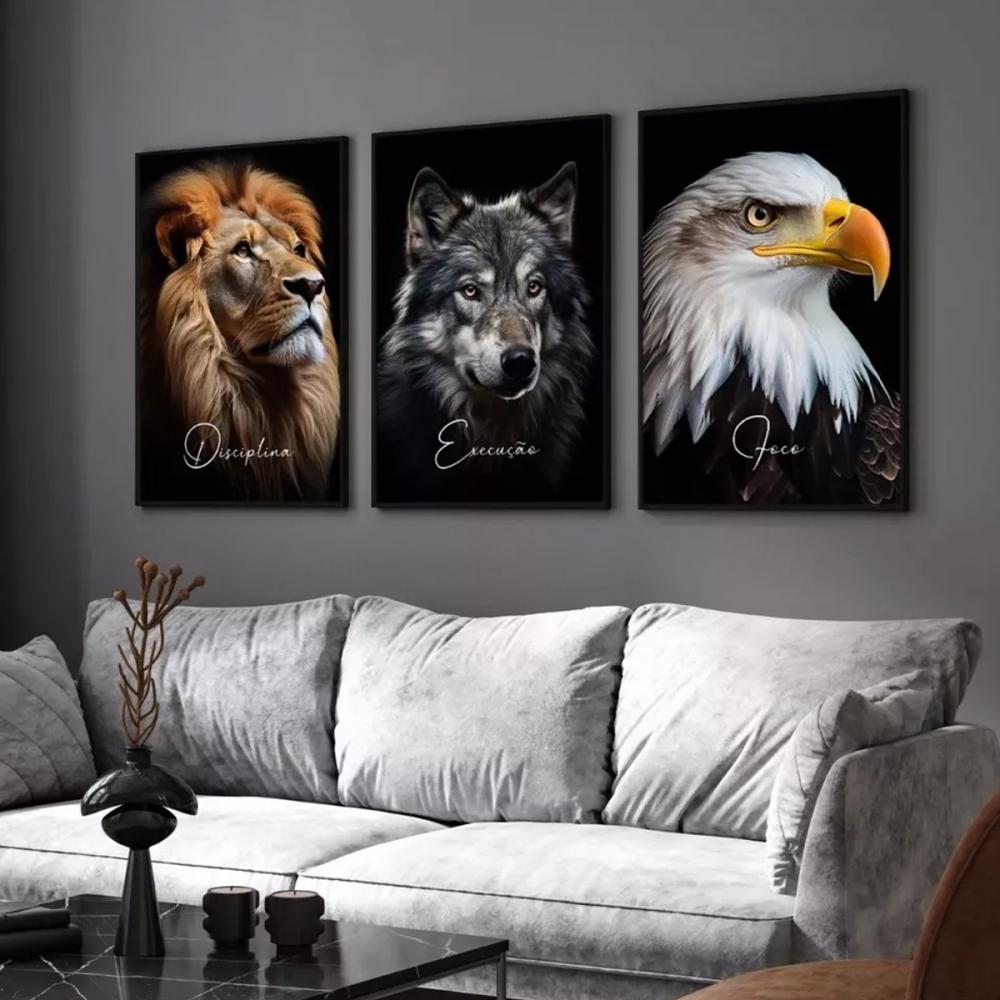 kit 3 quadro decorativo motivacional animais águia leão lobo sa