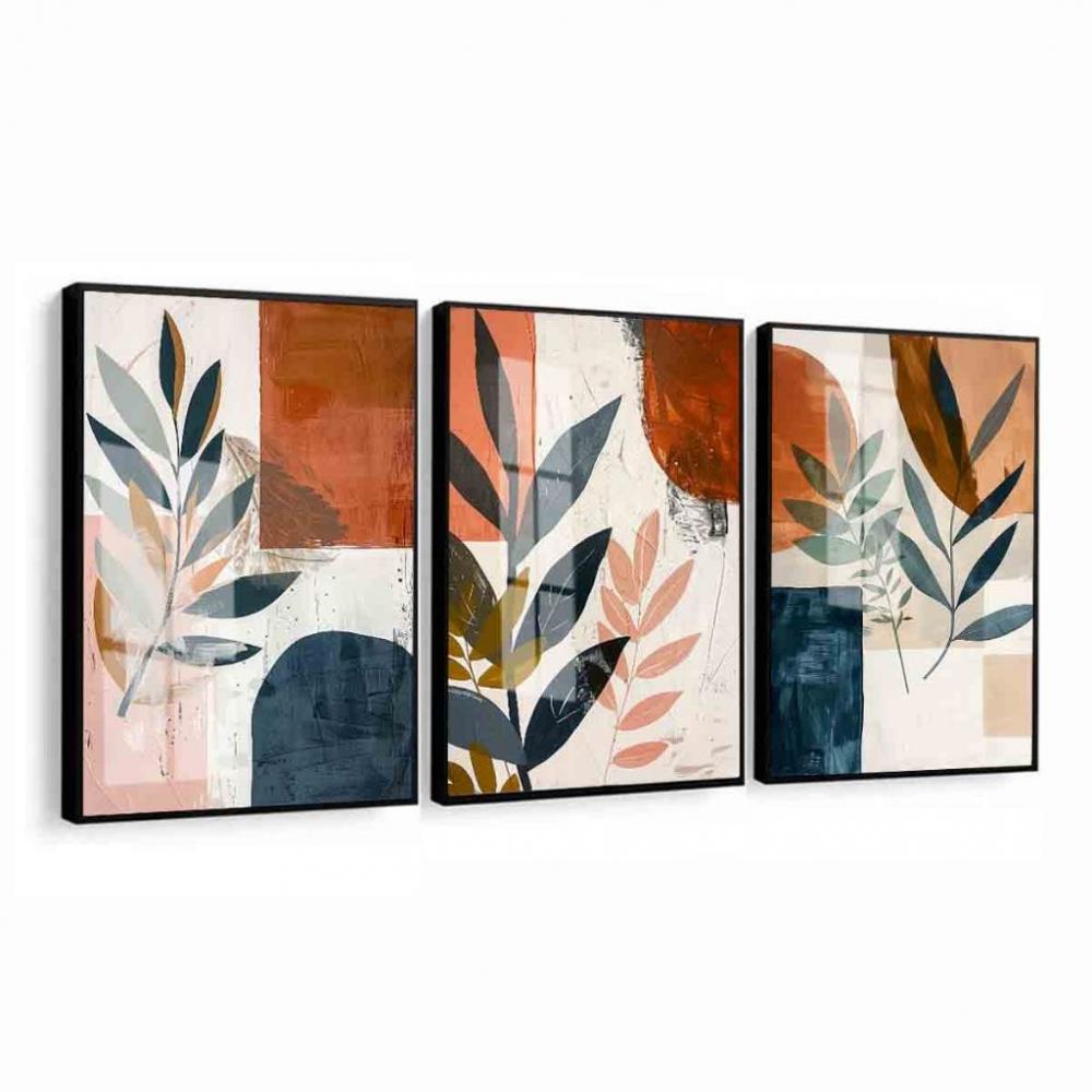 kit 3 quadro decorativo abstrato terracota folhas tons terrosos s