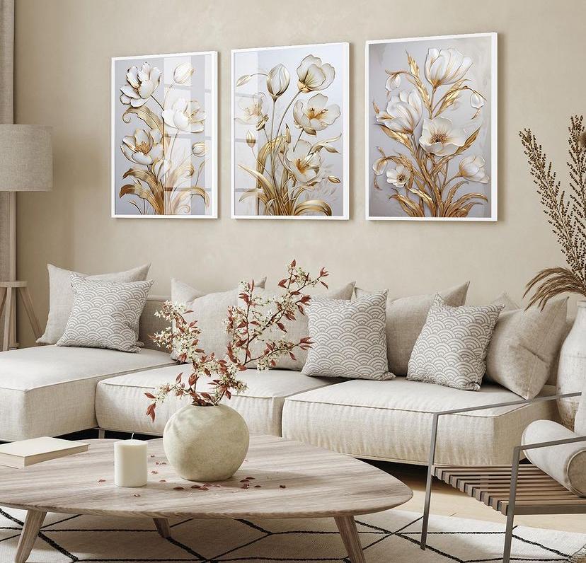kit 3 quadro decorativo flores brancas galhos dourados sala quart