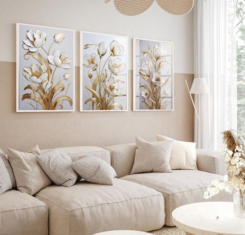kit 3 quadro decorativo flores brancas galhos dourados sala quart
