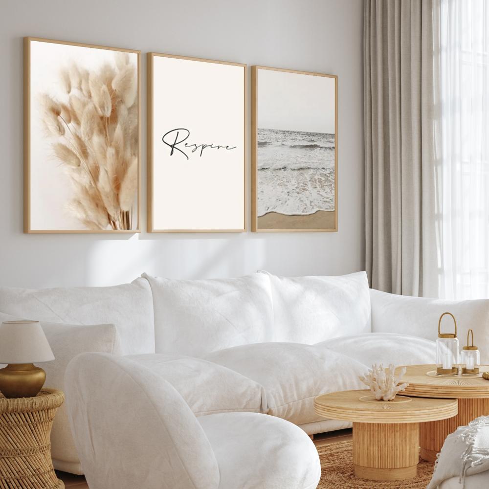 kit 3 quadro decorativo respire capim dos pampas galhos de trigo 