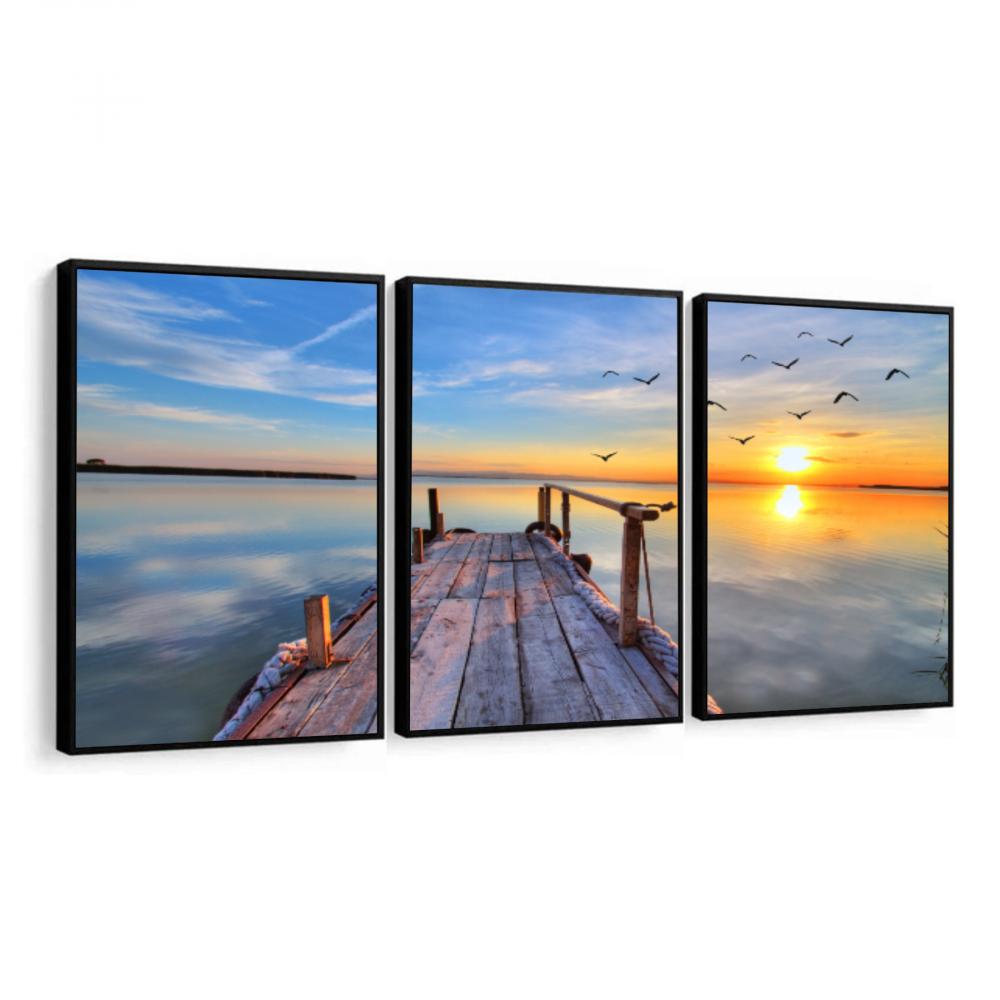 kit 3 quadro decorativo deck praia por do sol paisagem praiana de
