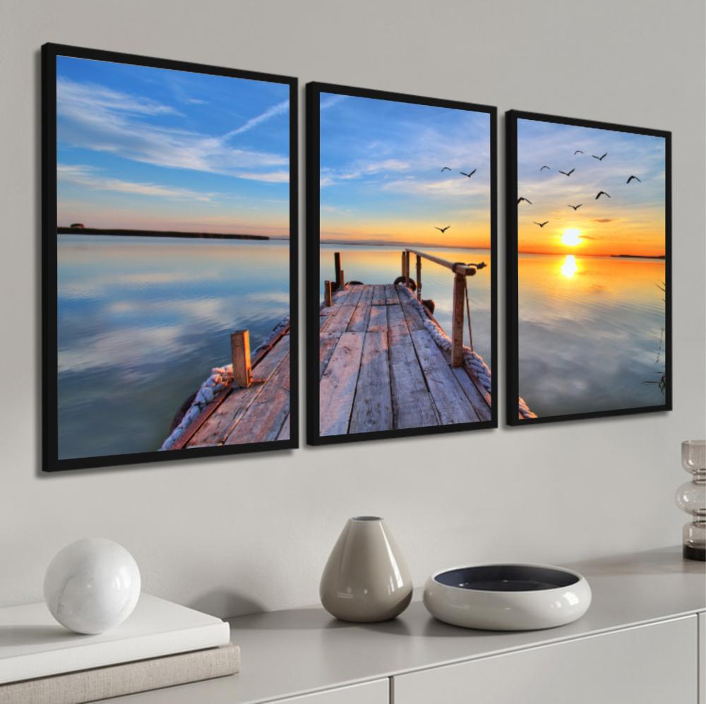 kit 3 quadro decorativo deck praia por do sol paisagem praiana de