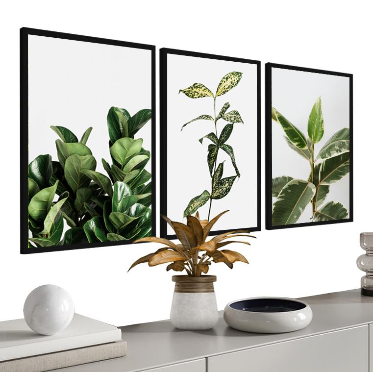 kit 3 quadro decorativo folhas verdes folhagem verde sala quarto 