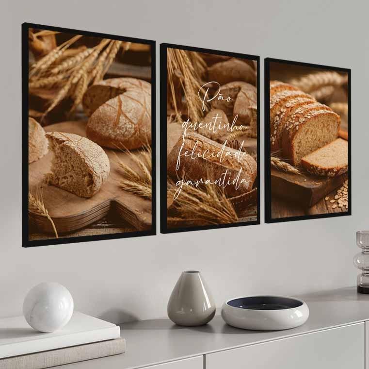 kit 3 quadro decorativo pães decor padaria pão comida com moldu