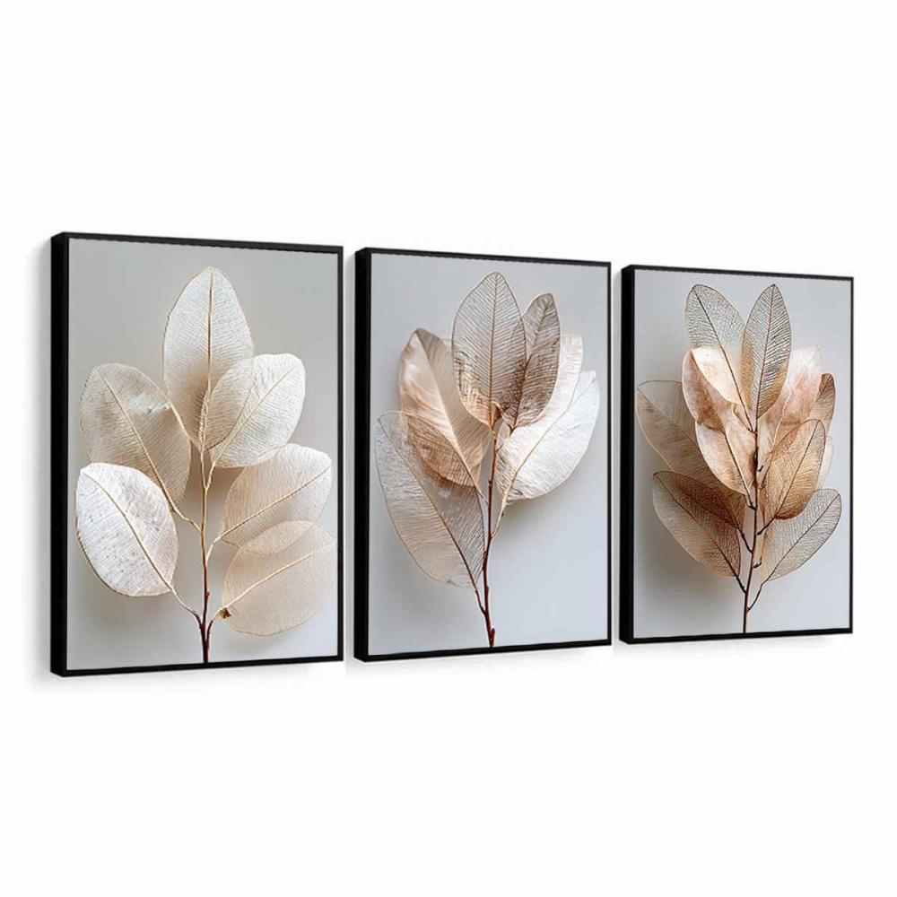 kit 3 quadro decorativo flores claras folhas tons pastéis decor 