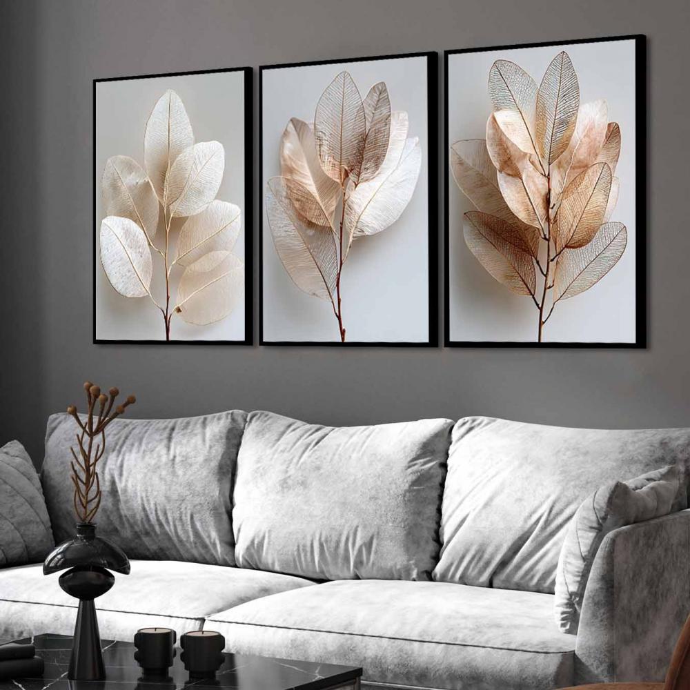 kit 3 quadro decorativo flores claras folhas tons pastéis decor 