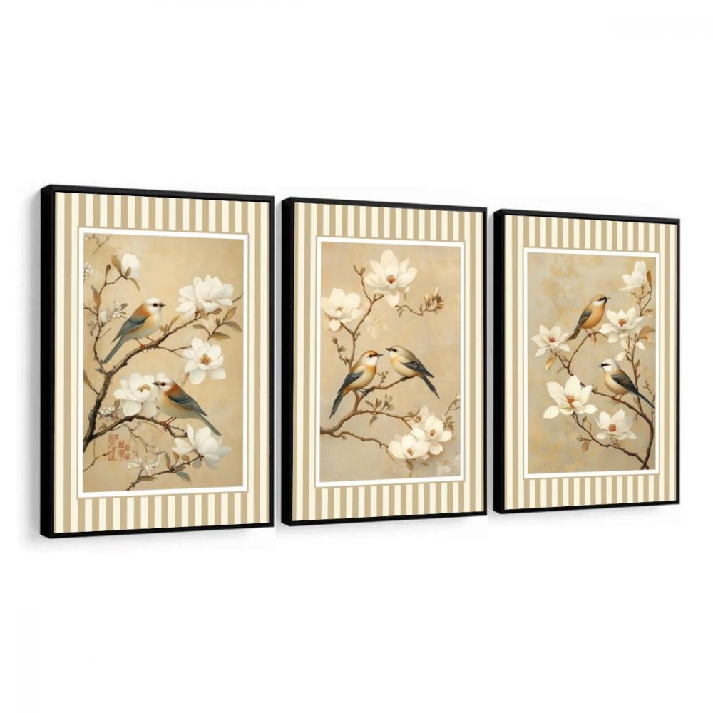 kit 3 quadro decorativo passarinhos galhos pássaros sala decor c