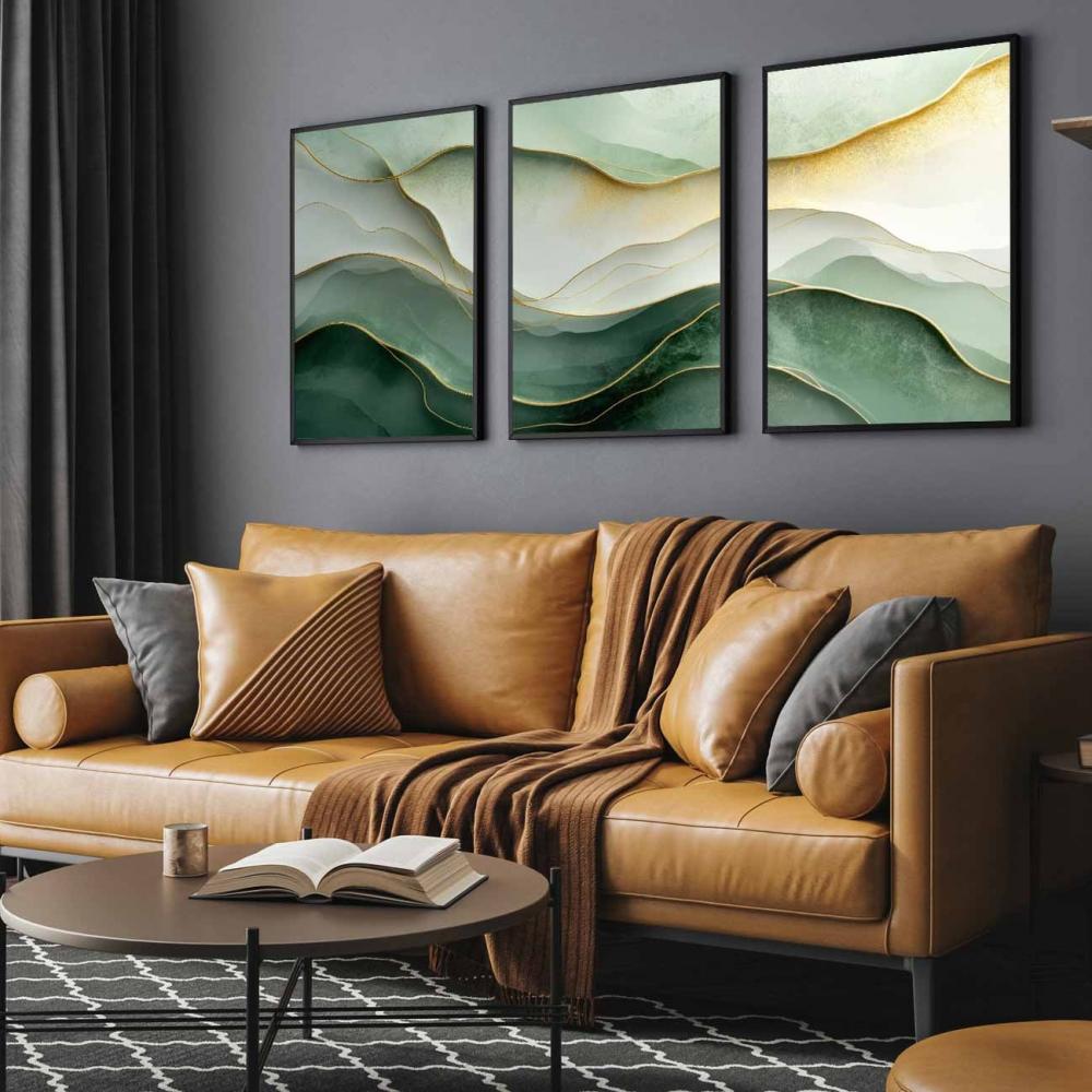 kit 3 quadro decorativo abstrato verde dourado gold sala quarto d