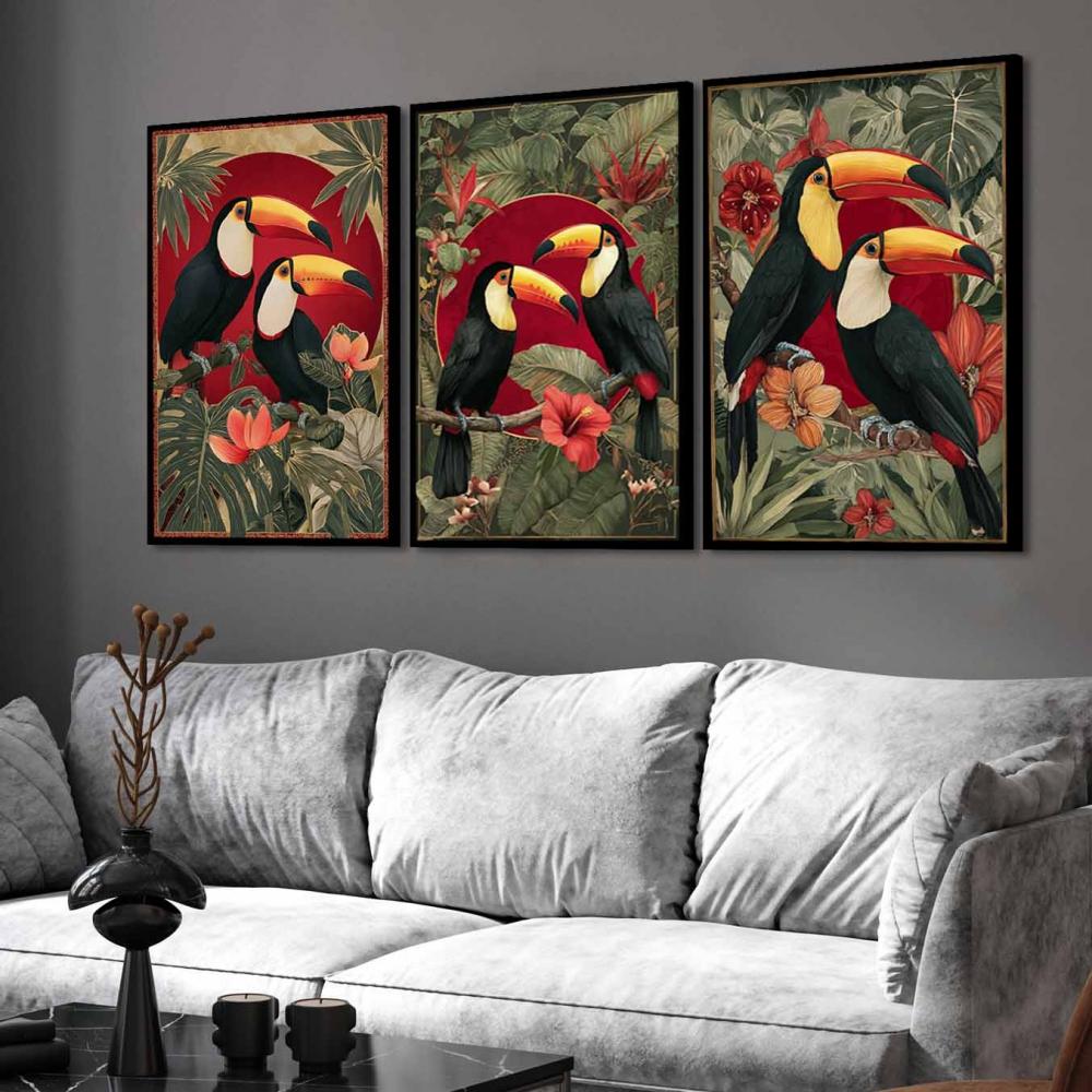 kit 3 quadro decorativo tucanos pássaros galhos sala quarto deco