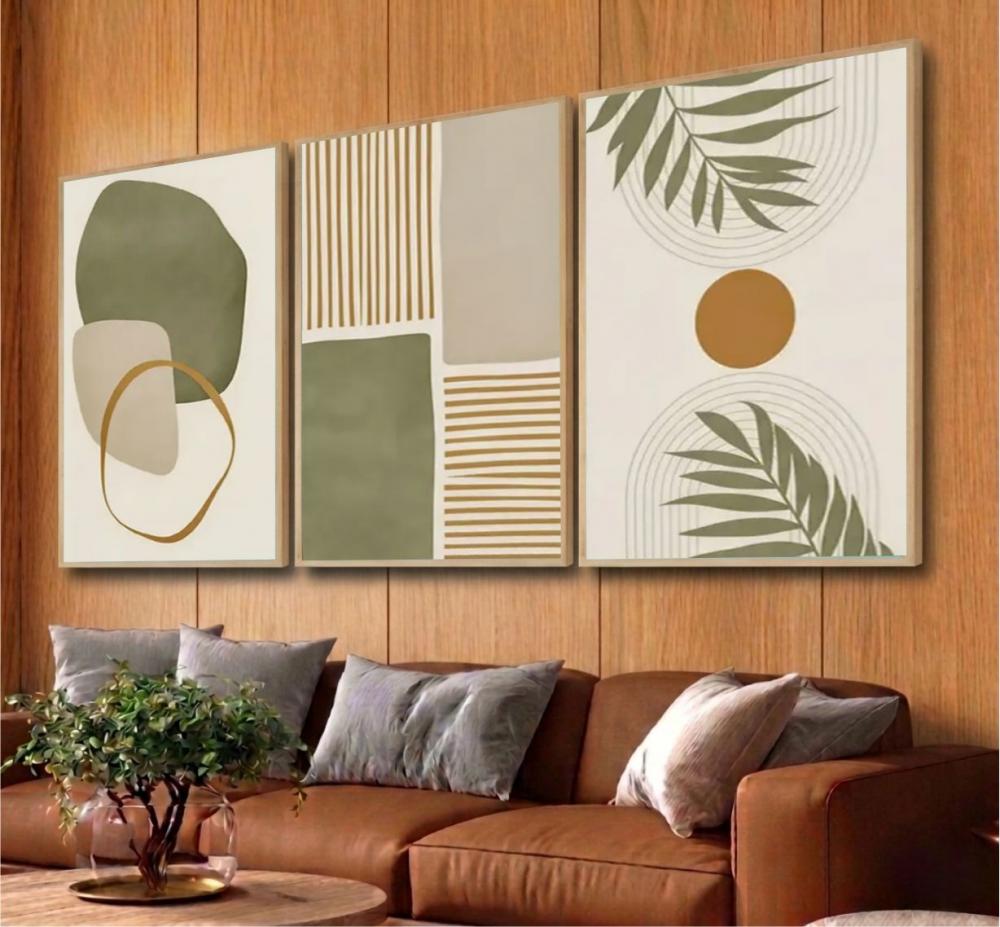 kit 3 quadro decorativo tons pastéis abstrato folhas verdes luxo