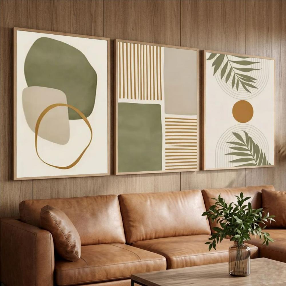 kit 3 quadro decorativo tons pastéis abstrato folhas verdes luxo