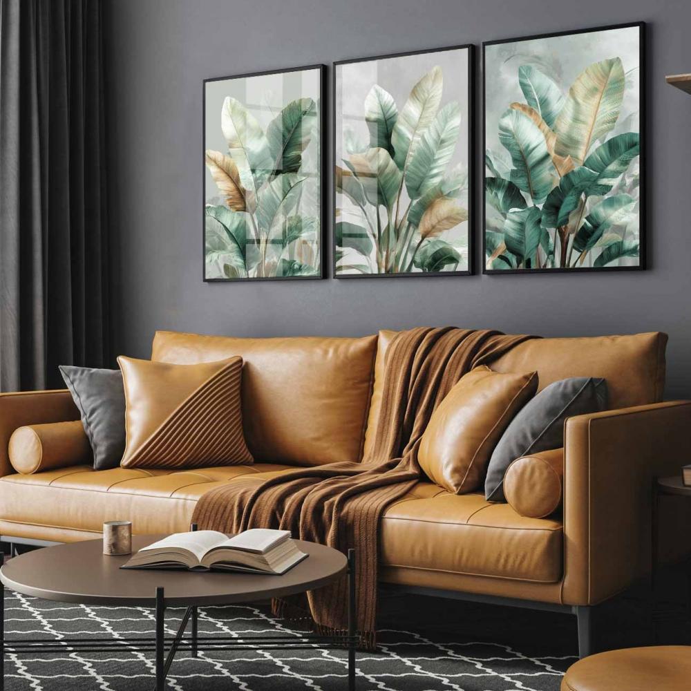 kit 3 quadro decorativo folhas verdes galhos de bananeira sala qu