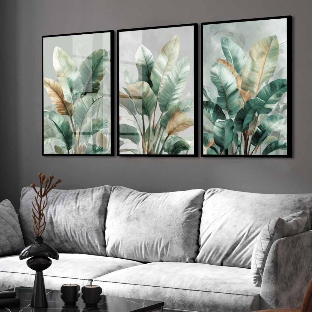 kit 3 quadro decorativo folhas verdes galhos de bananeira sala qu