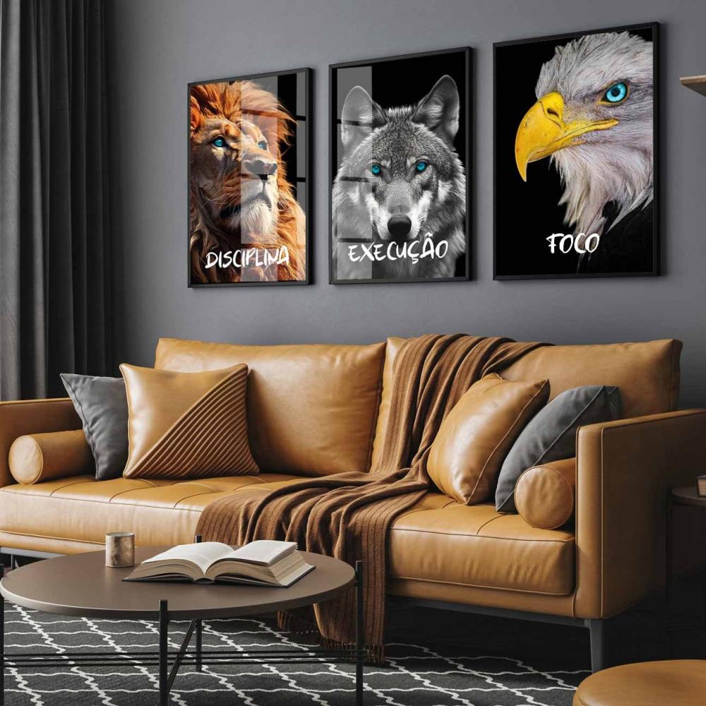 kit 3 quadro decorativo motivacional águia leão lobo empresa di