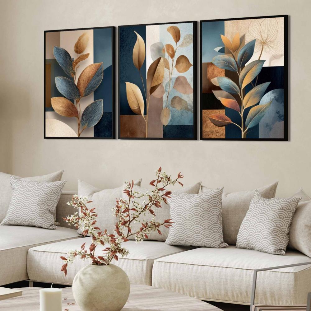 kit 3 quadro decorativo galhos folhas coloridas gold luxo decor s