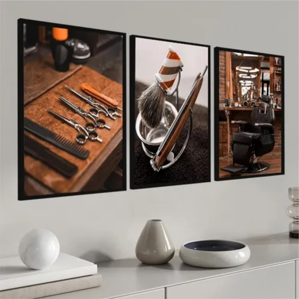 kit 3 quadro decorativo barbeiro barba barbearia bigode modernida