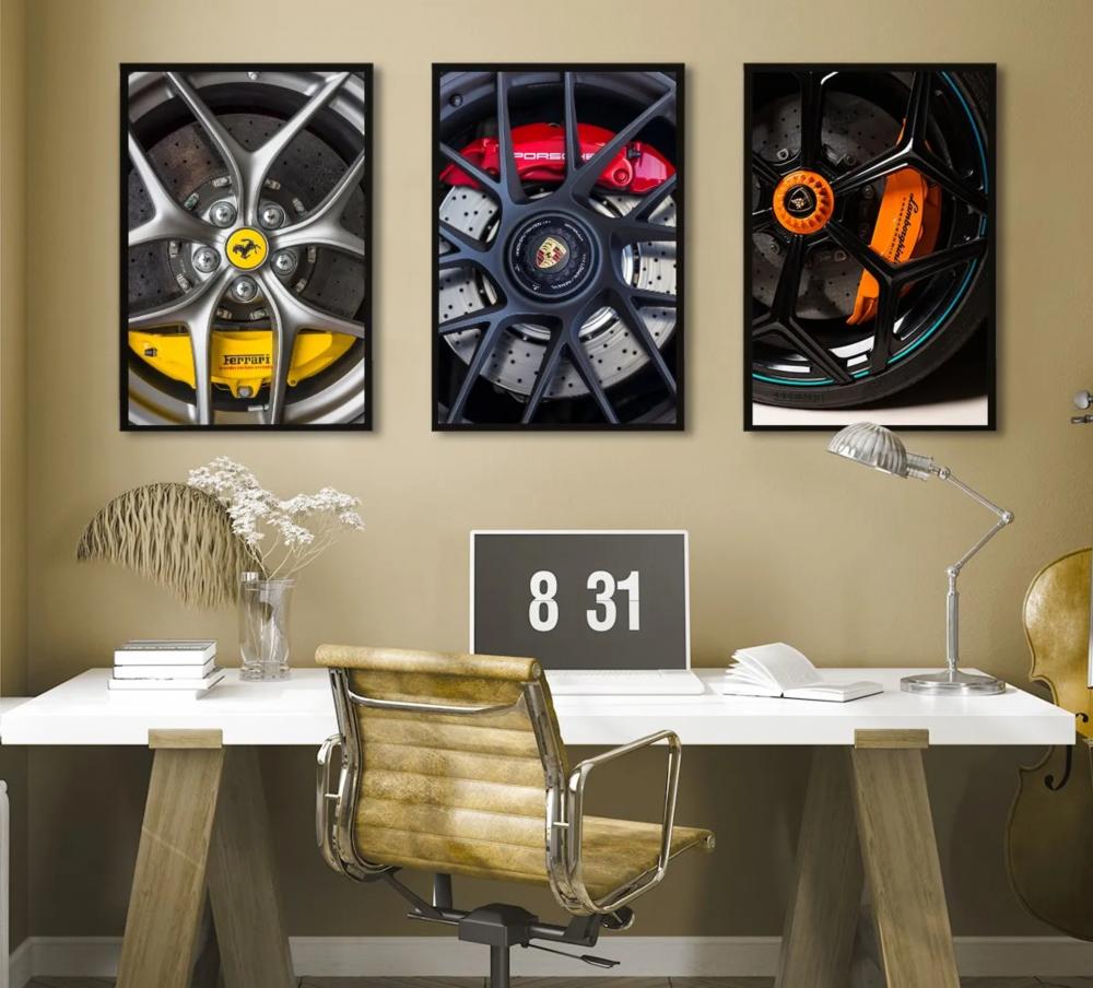 kit 3 quadro decorativo rodas de carro de corrida luxo moderno de