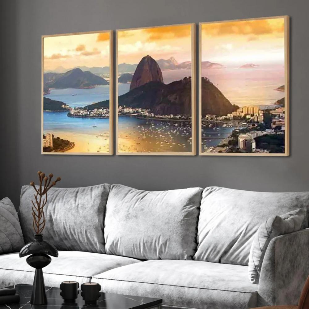 kit 3 quadro decorativo rio de janeiro praia baia de guanabara po