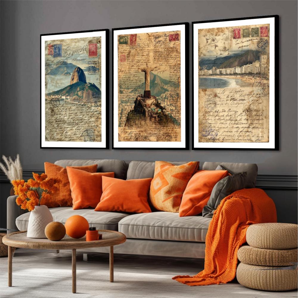 kit 3 quadro decorativo rio de janeiro baia de guanabara praia re