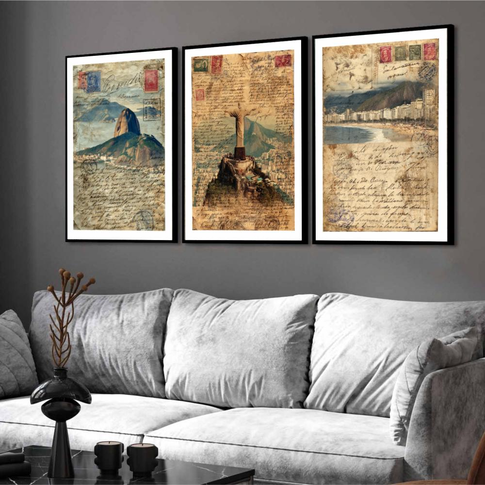 kit 3 quadro decorativo rio de janeiro baia de guanabara praia re