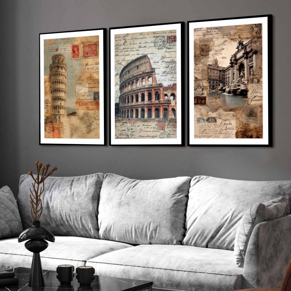 kit 3 quadro decorativo roma coliseu itália decor casa hall de e