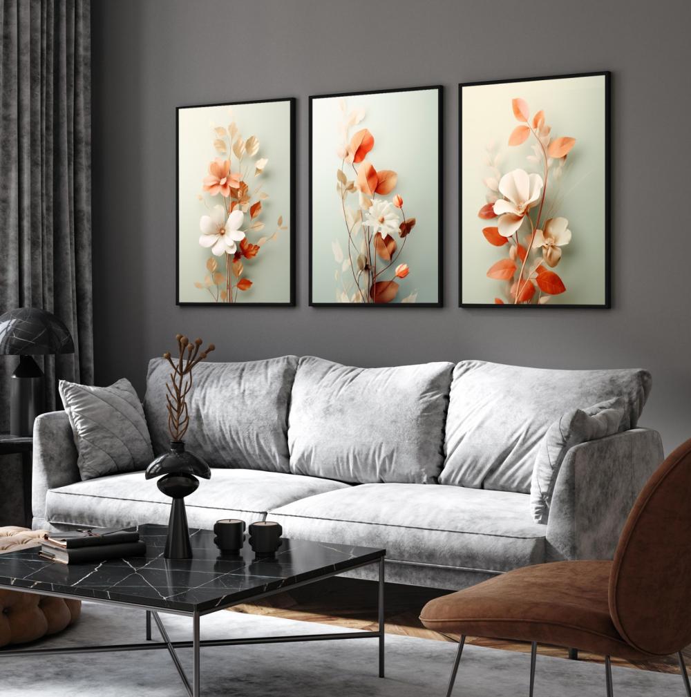 kit 3 quadro decorativo flores claras folhas tons claros decor ca