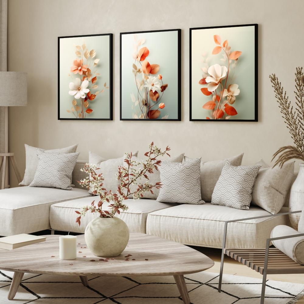 kit 3 quadro decorativo flores claras folhas tons claros decor ca