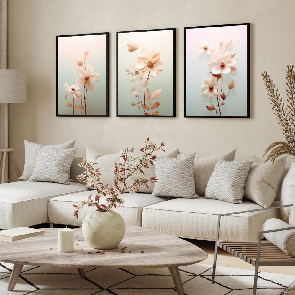 kit 3 quadro decorativo flores claras trio folhas tons claros dec
