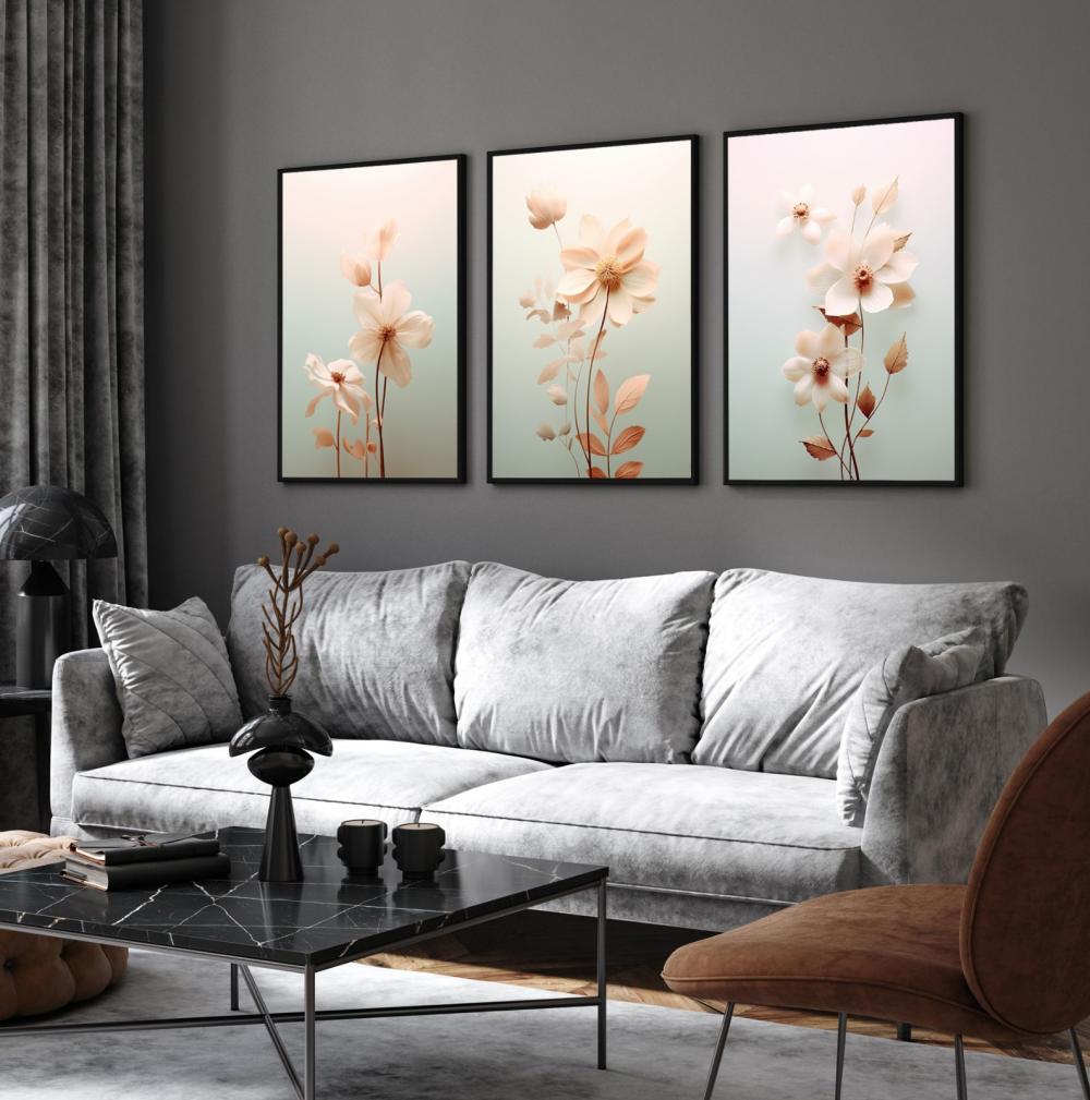 kit 3 quadro decorativo flores claras trio folhas tons claros dec