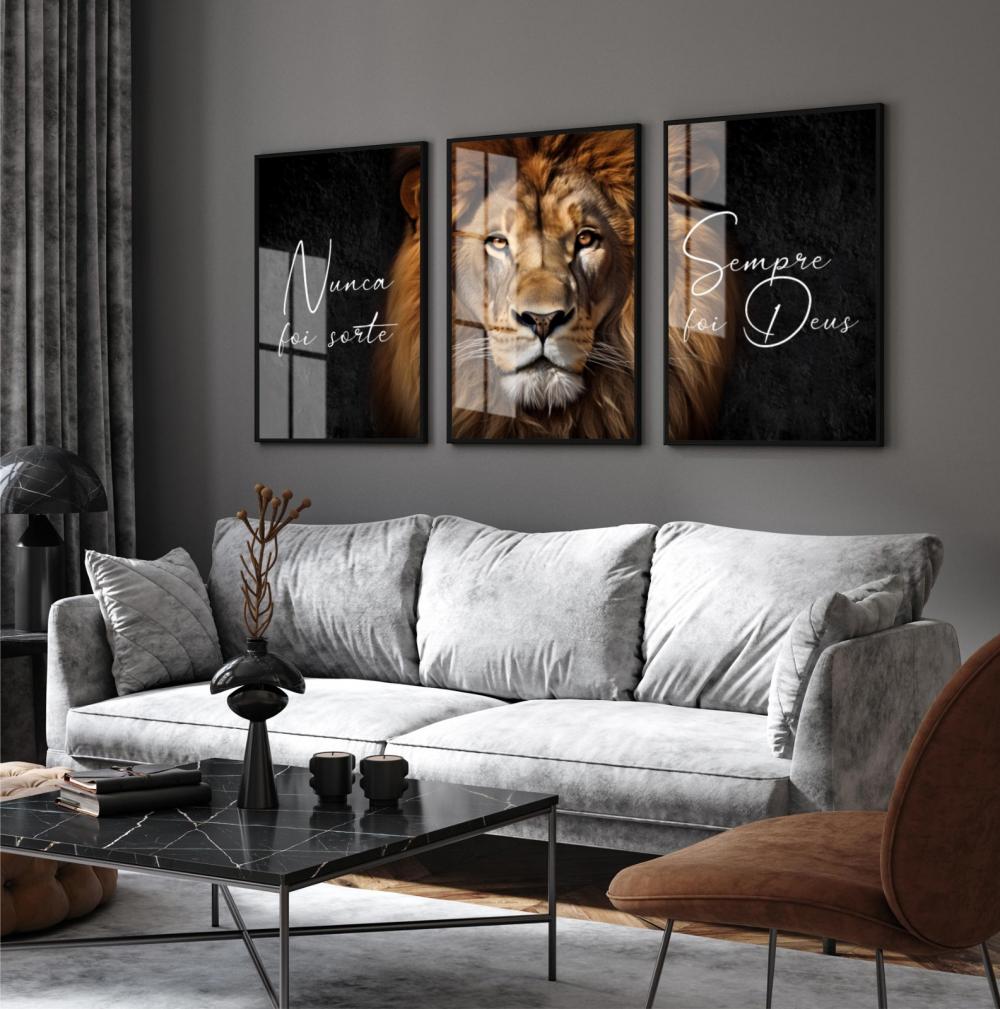 kit 3 quadro decorativo leão marrom deus leão de juda frase nun