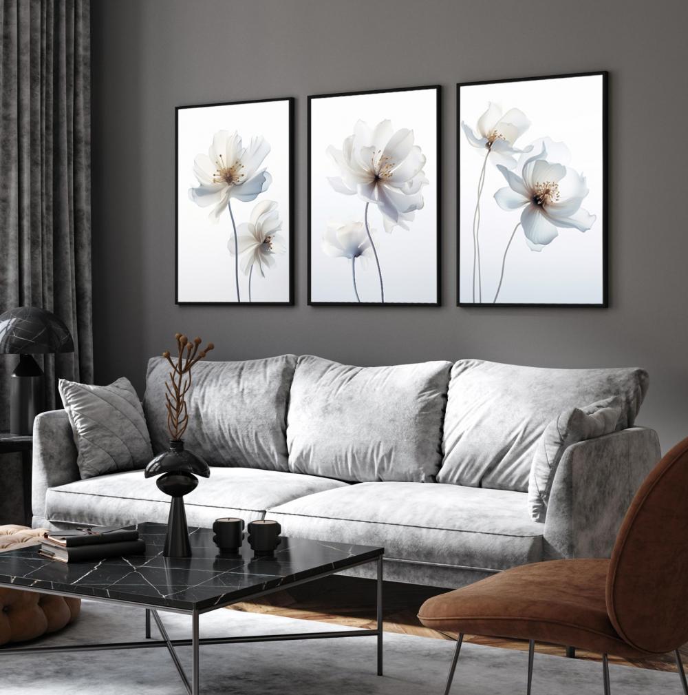 kit 3 quadro decorativo flores claras folhas tons claros com pret