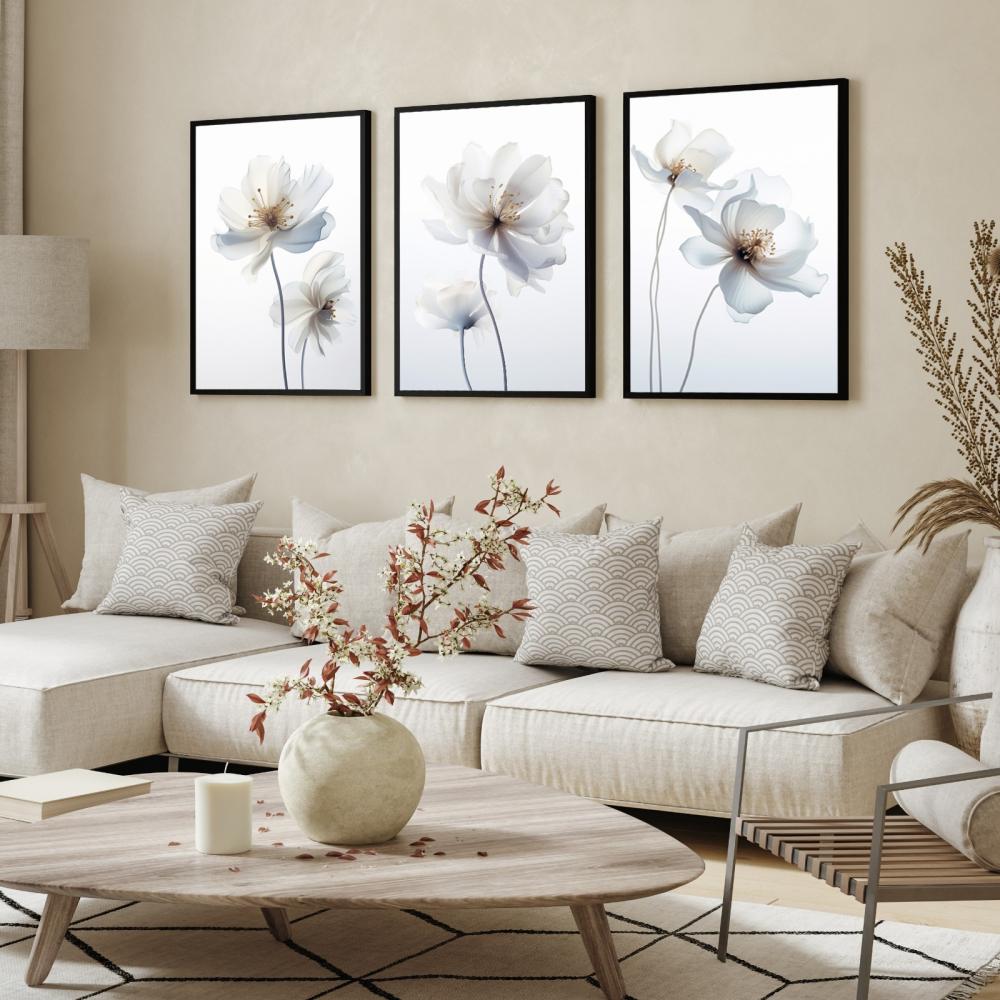 kit 3 quadro decorativo flores claras folhas tons claros com pret