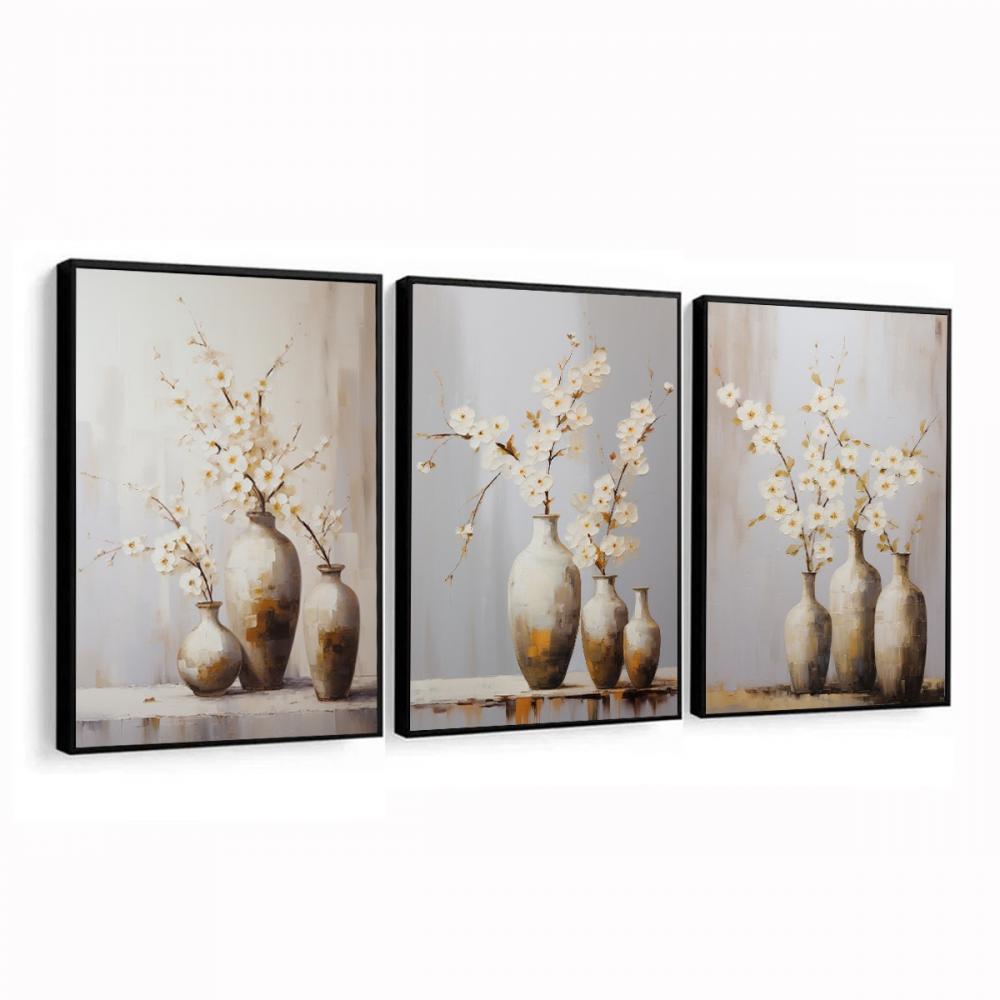 kit 3 quadro decorativo vaso de flores claras folhas tons claros 